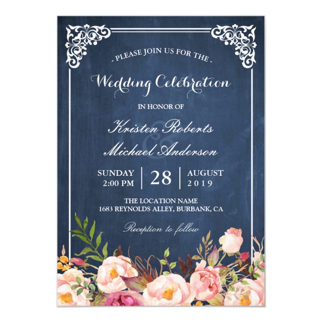 Wedding Celebration Pink Floral Blue Chalkboard Card (front side)
