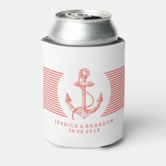 Wedding Coral-Red Stripes & Nautical Boat Anchor Can Cooler