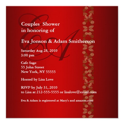 Wedding Couples Shower Invitation Red Gold Leaf