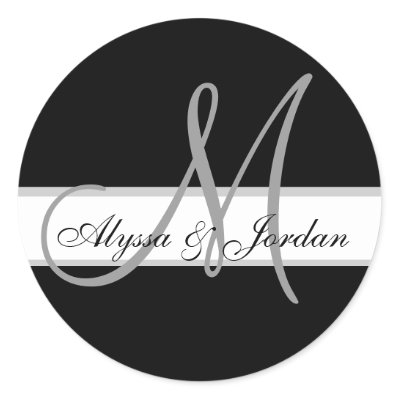 Wedding Custom Monogram & Names Black & Grey Seal Round Sticker