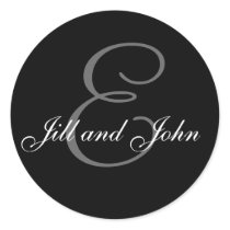 Wedding Custom Monogram & Names Black & Grey Seal Round Stickers
