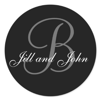 Wedding Custom Monogram & Names Black & Grey Seal Round Stickers