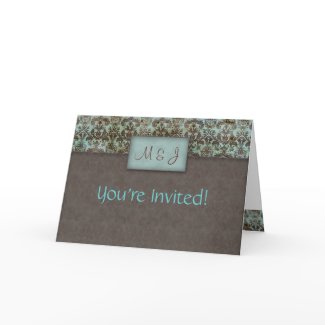 Wedding Damask Blue Brown Invitation Card card