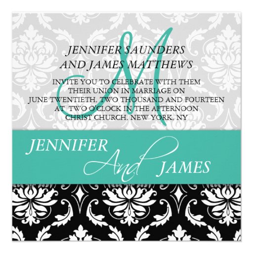 Wedding Damask Monogram Name Turquoise Invitations