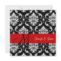 Wedding Damask Monogram Names Black Red Invitation
