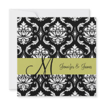 Wedding Damask Monogram Names Green Invitation
