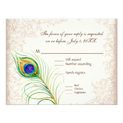 Wedding Dinner Menu Vintage Peacock Feather Etched Personalised Invite