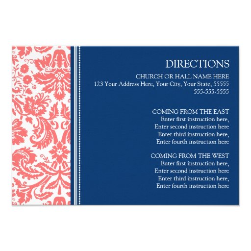 Wedding Direction Cards Coral Blue Damask