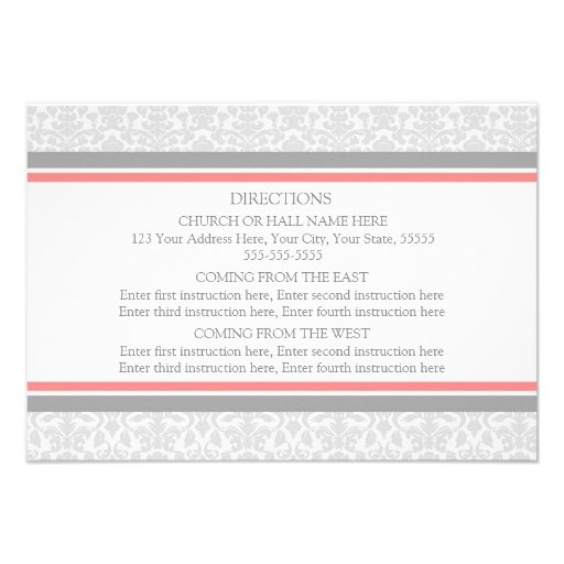 Wedding Direction Cards Coral Gray Damask