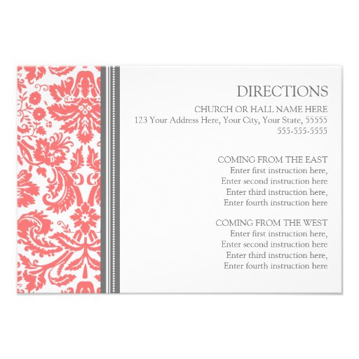 Wedding Direction Cards Coral Grey Damask