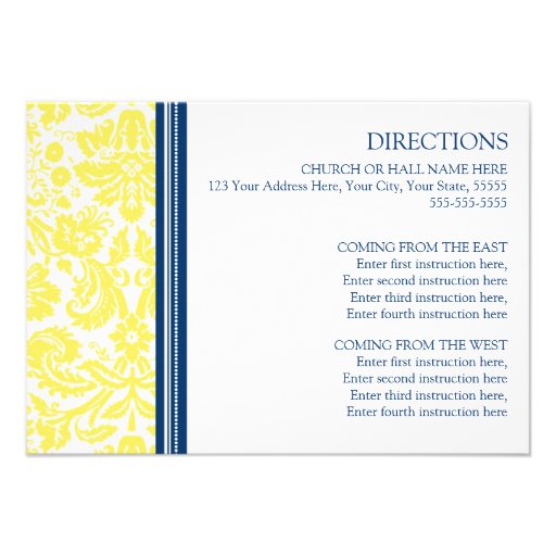 Wedding Direction Cards Lemon Blue Damask