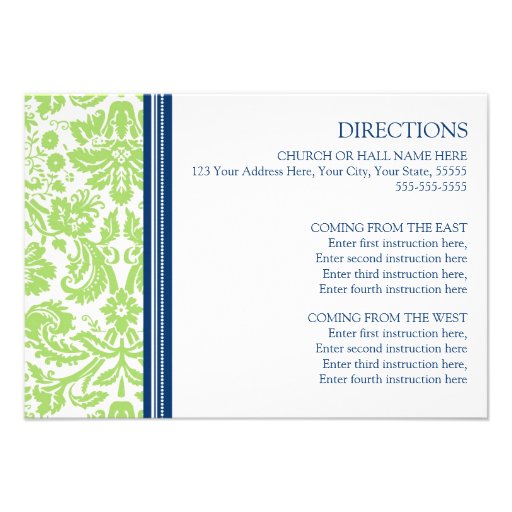 Wedding Direction Cards Lime Blue Damask