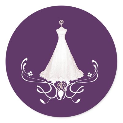 Lovely dark purple envelope sticker with a white wedding dress on a stand 