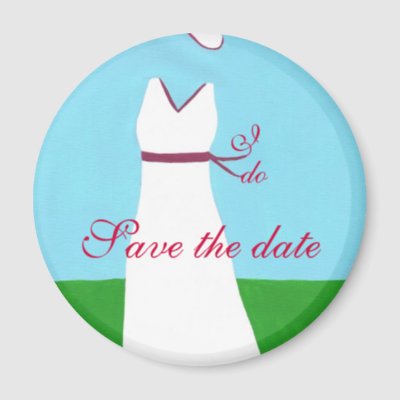 Elegant white wedding dress with red ribbon trim, with Save the date, 