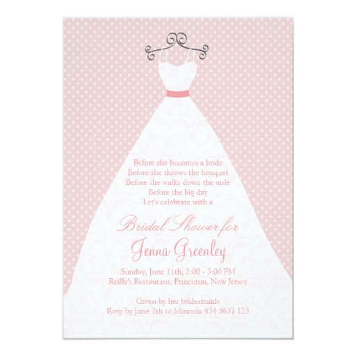 Wedding dress, roses, pink polka dots personalized invitations
