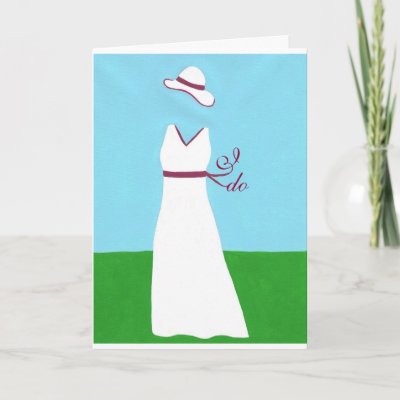 Painting of a white wedding dress trimmed with red ribbon on a background 