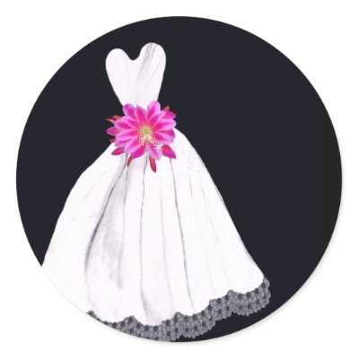 Wedding Dress with Pink Tropical Flower Bouquet Round Stickers by JaclinArt