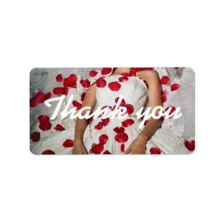 wedding dress with rose petals, Thank you label