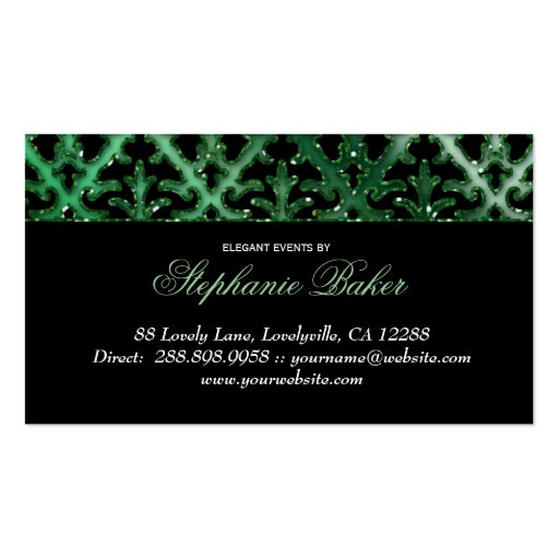 Wedding Event Planner Damask Emerald Green Sparkle Business Card Template (back side)