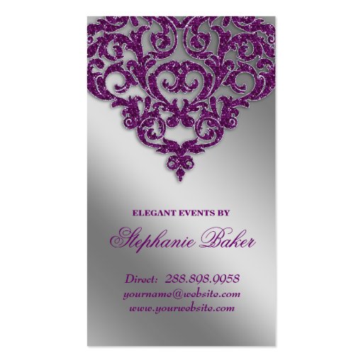 Wedding Event Planner Damask Purple Sparkle Silver Business Cards (back side)
