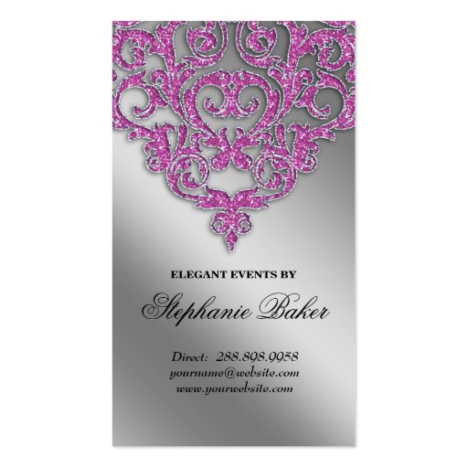 Wedding Event Planner Damask Silver Sparkle Pink V Business Card Template (front side)