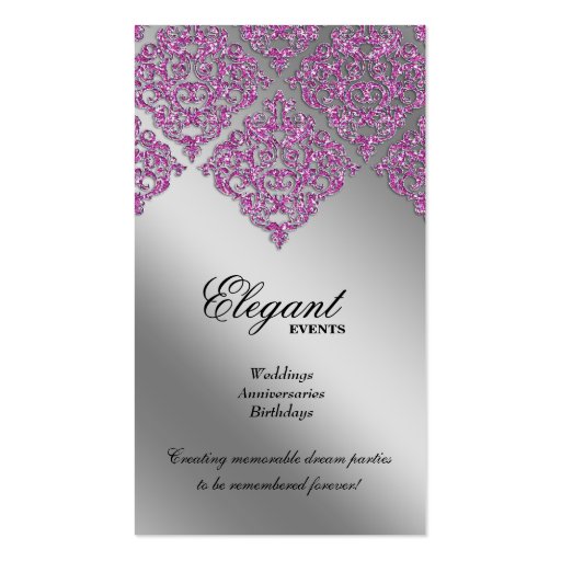 Wedding Event Planner Damask Silver Sparkle Pink V Business Card Template (back side)