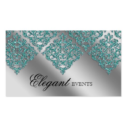 Wedding Event Planner Damask Sparkle Silver Teal Business Card Template (front side)