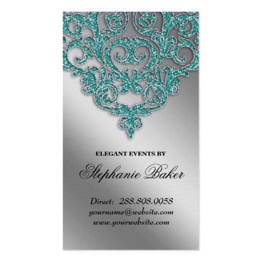 Wedding Event Planner Damask Sparkle Silver Teal Business Card Template (back side)