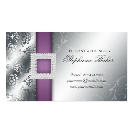 Wedding Event Planner Jewel Purple Silver V Business Card Template (back side)