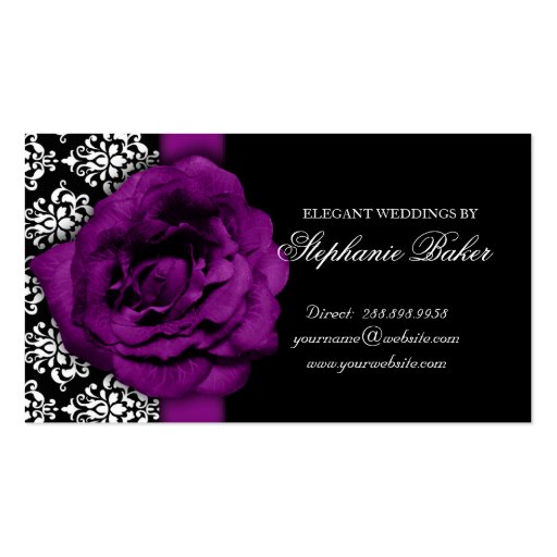 Wedding Event Planner Purple Rose Damask Business Cards (back side)