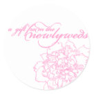 round_sticker - "A gift from the newlyweds" with pink peony.  Perfect for favor labels/tags.
 Pink Peony Love Stamp by belletristics Create custom postage on www.zazzle.com