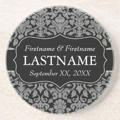Wedding Favor - Vintage Black Damask Pattern Drink Coaster