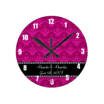 Wedding favors Magenta pink damask Round Clocks
