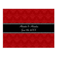 Wedding favors red damask postcard