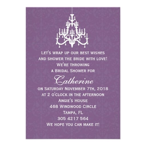 Wedding gown, Chandelier on purple Bridal shower Personalized Invitation
