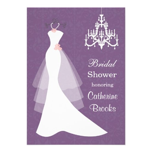 Wedding gown, Chandelier on purple Bridal shower Personalized Invitation