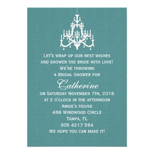 Wedding gown, Chandelier  on teal Bridal shower Personalized Invites