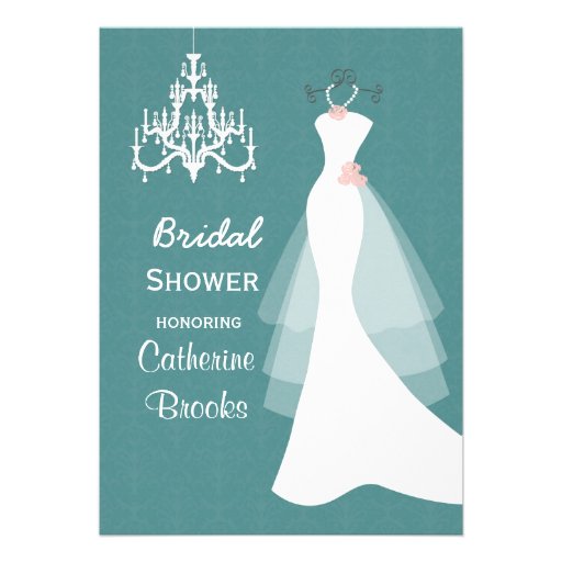 Wedding gown, Chandelier  on teal Bridal shower Personalized Invites