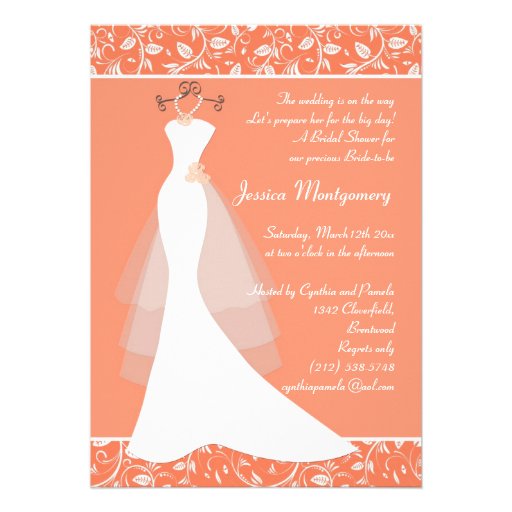 WEdding gown on light coral Bridal Shower Invite