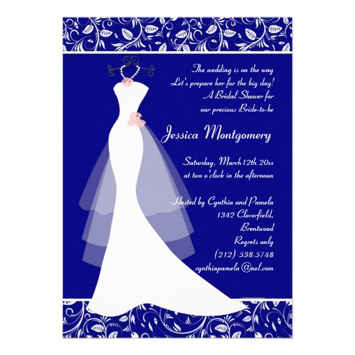 Wedding gown on royal blue Bridal Shower Invite