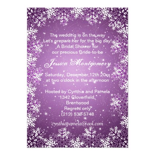 Wedding gown, snowflakes on purple Bridal Shower Custom Invites