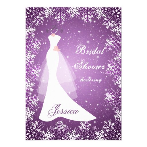 Wedding gown, snowflakes on purple Bridal Shower Custom Invites