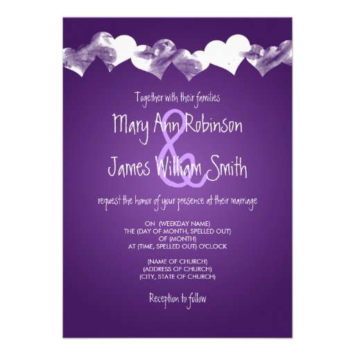 Wedding Grunge Hearts Purple Personalized Invite (front side)