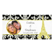 Wedding in Paris Black Damask Photo Announcement Picture Card