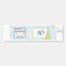 Wedding in Paris Blue Damask Water Bottle Label Bumper Stickers