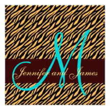 Wedding Invitation Aqua Monogram Tiger Pattern