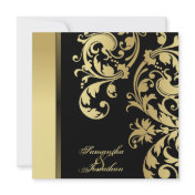 Wedding Invitation Black & Gold Shimmer Floral