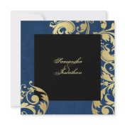 Wedding Invitation Blue Gold Black Pretty Floral