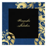Wedding Invitation Blue Gold Black Pretty Floral