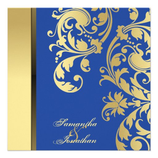 Wedding Invitation Blue Gold Shimmer Floral Swirls